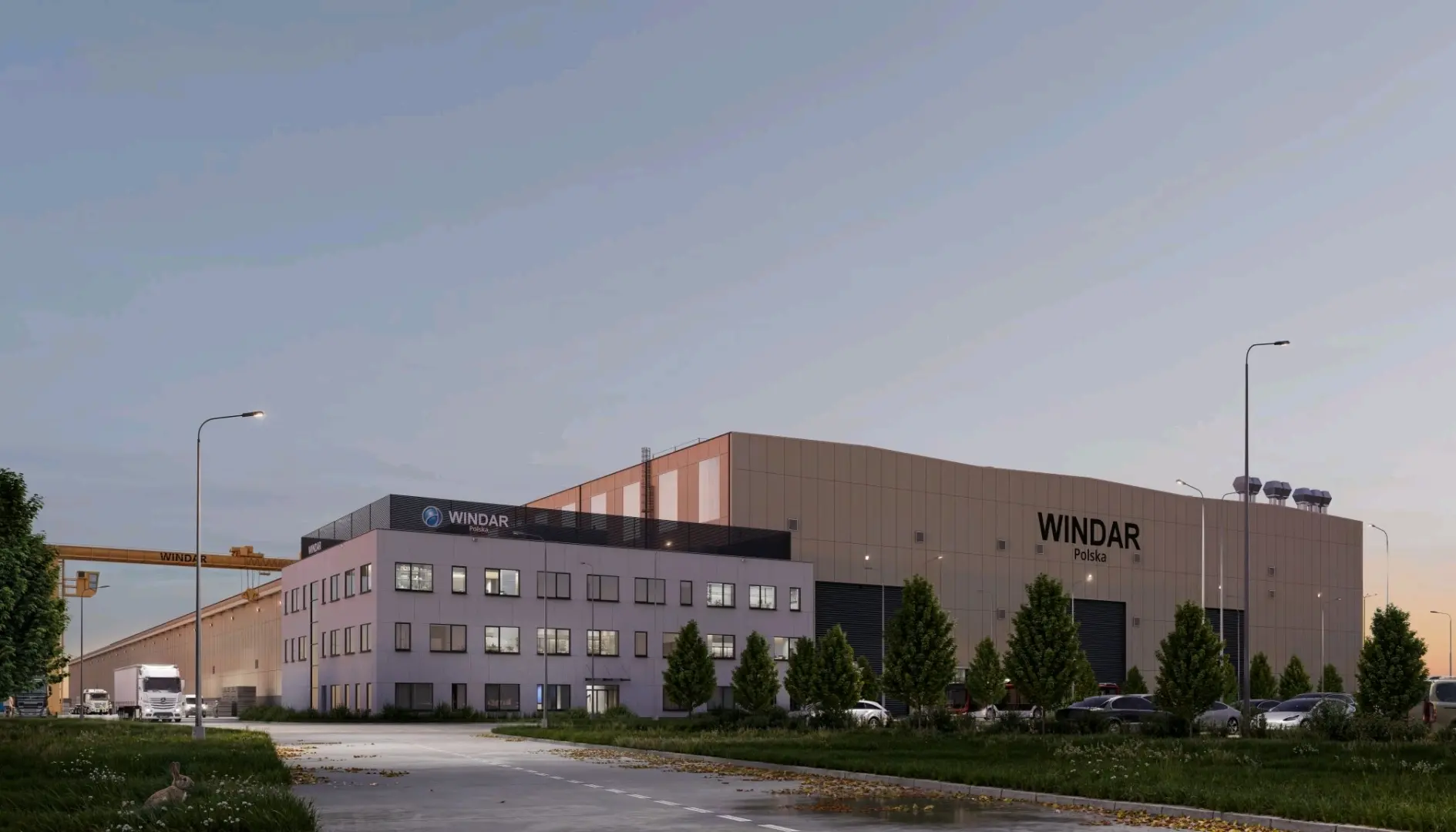Widok frontowy na fabrykę wież wiatrowych Windar
