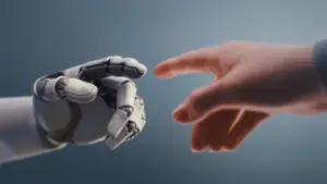 Ludzka dłoń i dłoń robota stykające się palcami